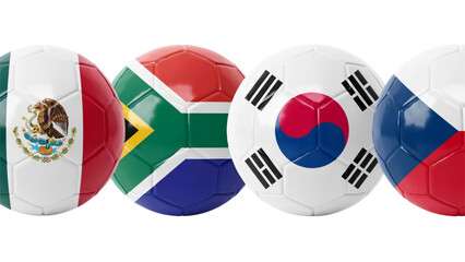Naklejka premium Four soccer balls with flags of mexico south africa south korea and czech republic for international sports tournament Vector