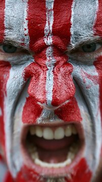 Closeup shot of an Austria fans painted face jaw clenched in anticipation symbolizing fierce loyalty and excitement for their national team.