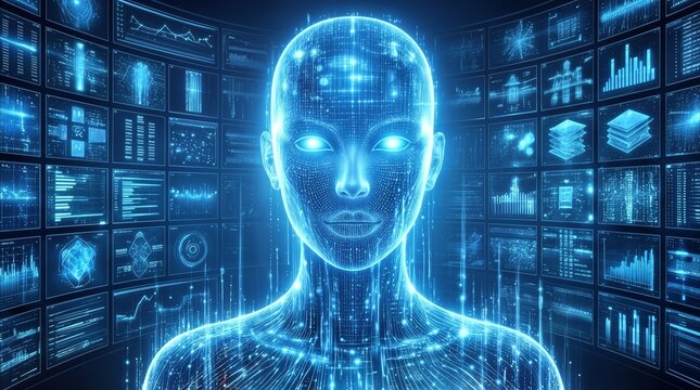 Virtual assistant avatar with glowing blue features surrounded by digital data screens. Advanced machine learning and neural network visualization in high-tech control center.