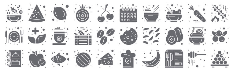 Collection of 30 solid Food icons with lettuce, reservation, menu, pizza, herbal. Filled glyph vector illustration set © James