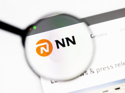 Milan, Italy 2026, 20 Apr Closeup of NN Group website on a laptop screen. NN Group logo under a magnifying glass.