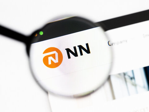 Milan, Italy 2026, 20 Apr Closeup of NN Group website on a laptop screen. NN Group logo under a magnifying glass.