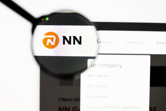 Milan, Italy 2026, 20 Apr Closeup of NN Group website on a laptop screen. NN Group logo under a magnifying glass.