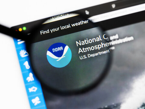 Milan, Italy 2026, 20 Apr Closeup of noaa.gov website on a laptop screen. noaa.gov logo under a magnifying glass.