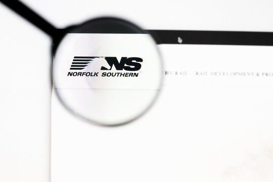 Milan, Italy 2026, 20 Apr Closeup of Norfolk Southern website on a laptop screen. Norfolk Southern logo under a magnifying glass.