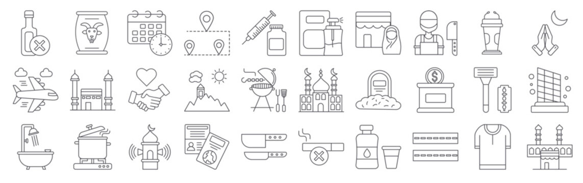 Collection of 30 outline Eid Ul Adha icons with no alcohol, airplane, shower, fodder, kaaba. Thin line vector illustration set