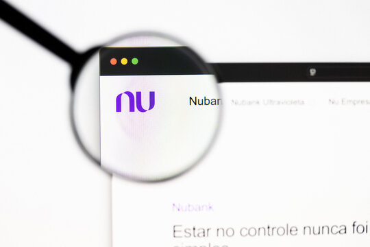 Milan, Italy 2026, 20 Apr Closeup of Nu Holdings website on a laptop screen. Nu Holdings logo under a magnifying glass.