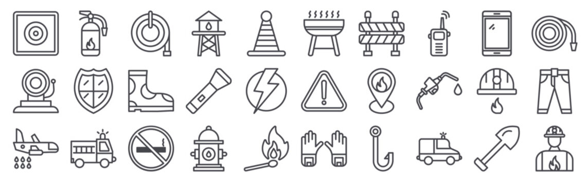 Collection of 30 outline Firefighter icons with alarm button, fire alarm bell, plane, fire extinguisher, embelm. Thin line vector illustration set