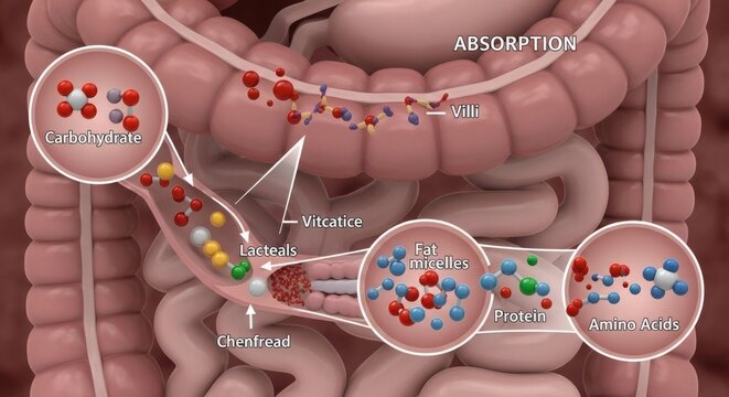 Anatomical illustration of the human digestive system highlighting nutrient absorption in the intestines