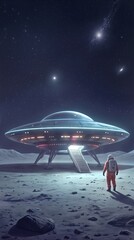 Fototapeta premium Extraterrestrial spacecraft landed on desolate lunar surface. Astronaut standing near glowing flying saucer on rocky alien planet under starry sky.