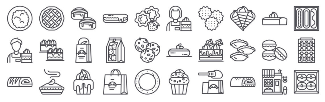 Collection of 30 outline Bakery icons with cake, worker, biscuit, pie, cake. Thin line vector illustration set