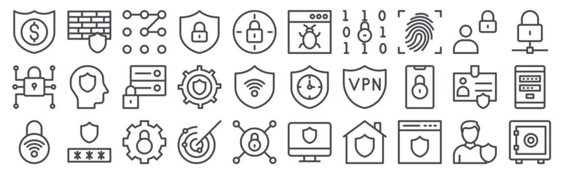 Collection of 30 outline Vpn Security icons with dollar, networking, smart lock, wall, mind. Thin line vector illustration set