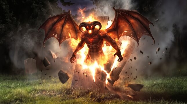 Demonic creature emerging from stone grave in dark cemetery. Fantasy monster with flaming body and large wings rising from tomb at night.