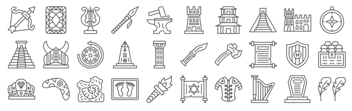Collection of 30 outline History icons with archery, maya, crown, gemstone, viking. Thin line vector illustration set