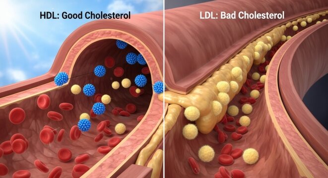 An illustration comparing good and bad cholesterol in arteries with HDL and LDL labels