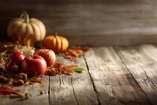 Seasonal fall background featuring apples, pumpkins and leaves on a wood tabletop for menu mockups
