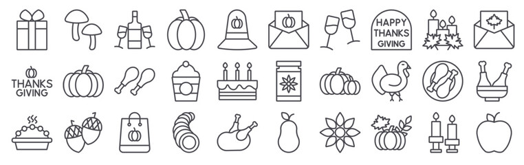 Collection of 30 outline Thanksgiving icons with gift box, thanksgiving, thanksgiving, mushroom, thanksgiving. Thin line vector illustration set © James