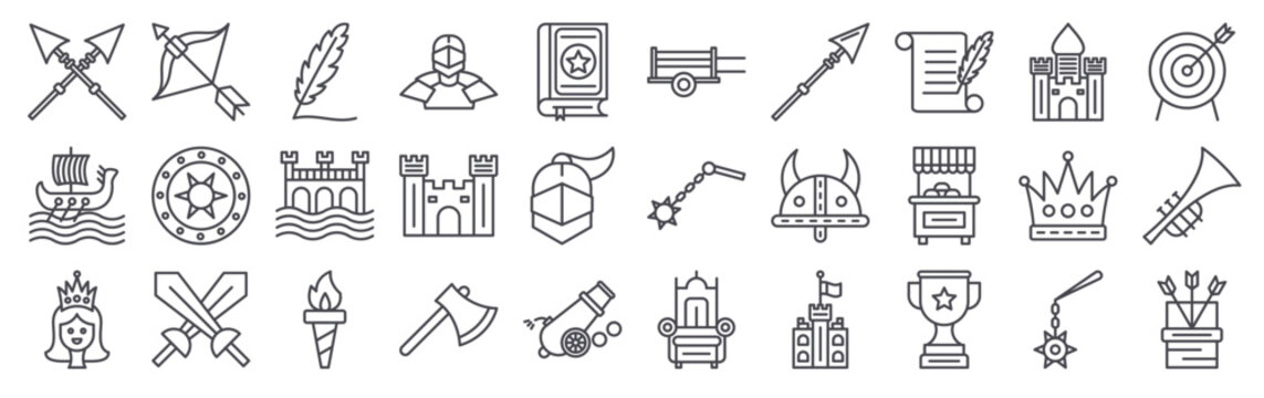 Collection of 30 outline Medieval icons with lance, viking ship, princess, bow and arrow, shield. Thin line vector illustration set