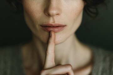 Fototapeta premium Silent gesture portrait: woman with finger to lips signaling hush