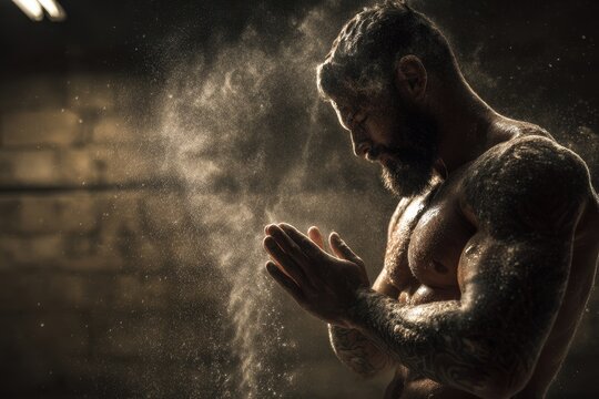 Side profile of a muscular bearded man clapping his hands with chalk dust in a gritty gym