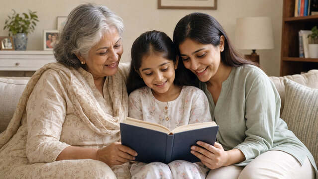 Three-generation Indian family &mdash; grandmother, mother and daughter reading book together on sofa in cozy living room