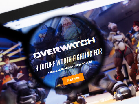 Milan, Italy 2026, 20 Apr Closeup of Overwatch 2 website on a laptop screen. Overwatch 2 logo under a magnifying glass.