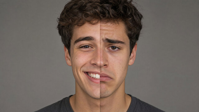 Split portrait of young man showing contrasting emotions &mdash; smiling left half and sad right half on gray background, mental health, bipolar, duality