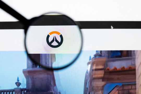 Milan, Italy 2026, 20 Apr Closeup of Overwatch 2 website on a laptop screen. Overwatch 2 logo under a magnifying glass.