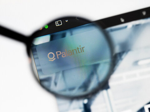Milan, Italy 2026, 20 Apr Closeup of Palantir website on a laptop screen. Palantir logo under a magnifying glass.