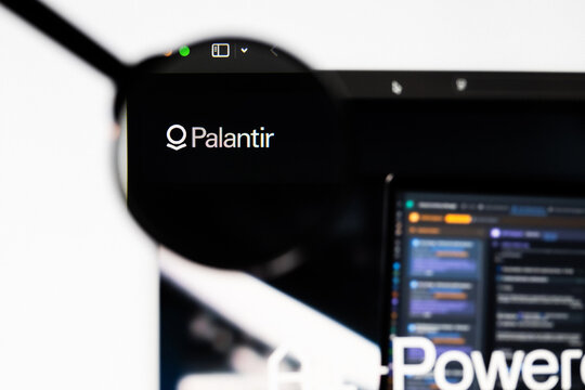 Milan, Italy 2026, 20 Apr Closeup of Palantir website on a laptop screen. Palantir logo under a magnifying glass.