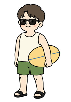 Cute cartoon boy with sunglasses holding swim ring or mini surfboard in summer hand drawn illustration