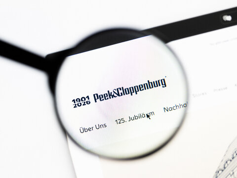 Milan, Italy 2026, 20 Apr Closeup of Peek & Cloppenburg online website on a laptop screen. Peek & Cloppenburg online logo under a magnifying glass.