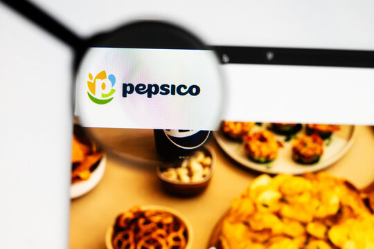 Milan, Italy 2026, 20 Apr Closeup of PepsiCo website on a laptop screen. PepsiCo logo under a magnifying glass.