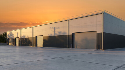 Obraz premium Newly completed industrial warehouse, fiber cement and anthracite metal cladding, golden hour sunset light, wide concrete apron, no people
