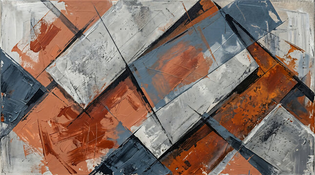 Abstract geometric painting inspired by construction materials, concrete gray and terracotta overlapping planes, bold diagonal composition