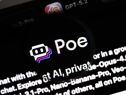 Milan, Italy 2026, 20 Apr Closeup of poe website on a laptop screen. poe logo under a magnifying glass.