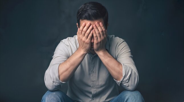 Upset male covering face with hands while sitting against dark wall. Mental health struggle and emotional distress.