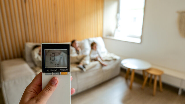 Hand holding air conditioner remote control showing 19 degrees Celsius temperature setting