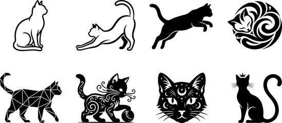 Fototapeta premium Stylized cat illustration collection with minimalist, geometric, decorative, and symbolic designs in creative black and white art