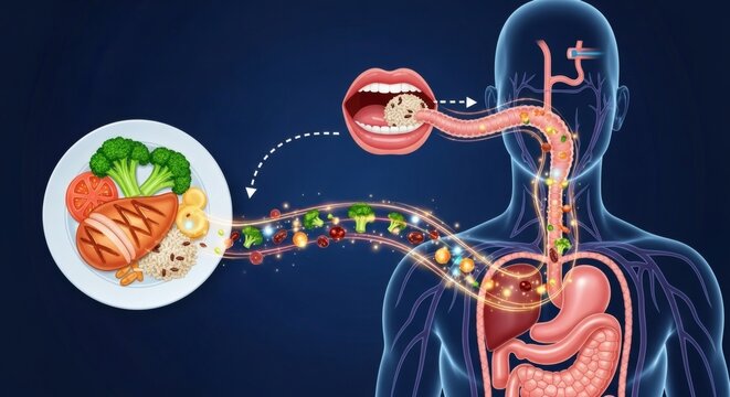 A detailed illustration of the human digestive system with food being consumed and processed