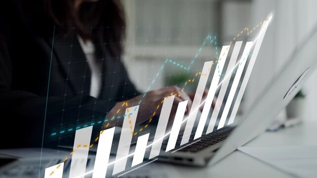 A business professional engages in data analysis using a laptop, featuring an overlay of charts depicting growth trends and strategies in a modern workspace environment. Copula