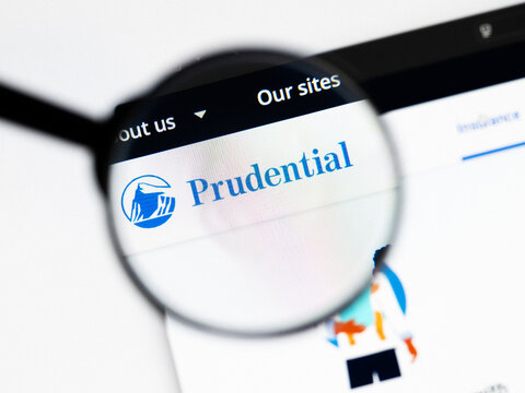 Milan, Italy 2026, 20 Apr Closeup of Prudential Financial website on a laptop screen. Prudential Financial logo under a magnifying glass.