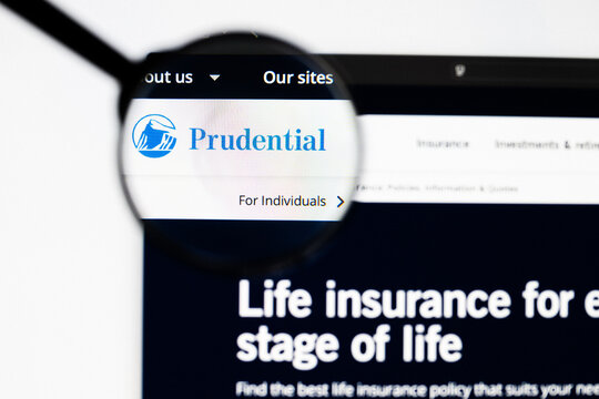 Milan, Italy 2026, 20 Apr Closeup of Prudential Financial website on a laptop screen. Prudential Financial logo under a magnifying glass.