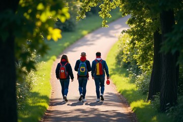 Obraz premium Three friends walking on a sunlit forest path with backpacks in a peaceful green park during a beautiful sunny day outdoors