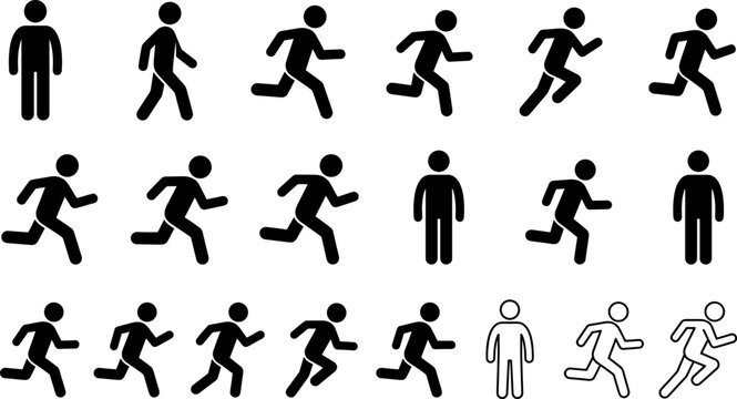 Stylized stick figure running motion icons in solid and outlined designs, perfect for animation frames, fitness, sports, and activity graphics