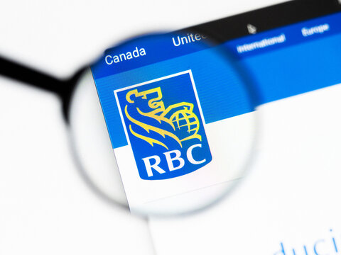 Milan, Italy 2026, 20 Apr Closeup of RBC website on a laptop screen. RBC logo under a magnifying glass.