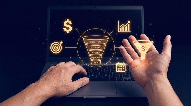 Business sales funnel concept with hands interacting with glowing digital interface showing prospecting to closed won stages