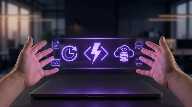 Man holding holographic tech icons above laptop in modern office representing digital transformation and cloud computing concept