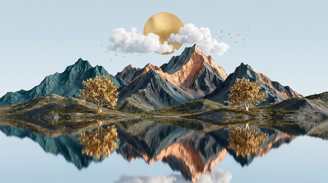 Beautiful digital artwork showing a majestic mountain range and golden trees perfectly reflected in calm water under a giant moon and fluffy cloud