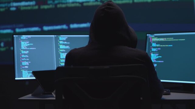 Mysterious Programmer Working on Multiple Computer Screens in a Low-Light Environment